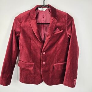 H&M Boys Red Velvet Blazer 9-10Y Single Breasted Red Pocket Square Lined Formal